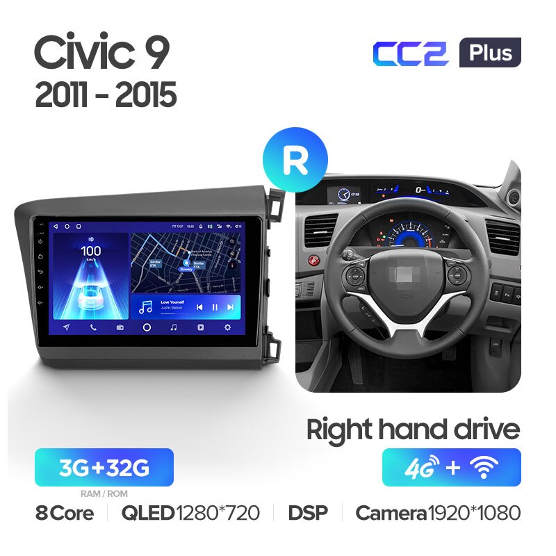 Штатная магнитола Teyes CC2PLUS для Honda Civic 9 2011-2015 RHD на Android 10