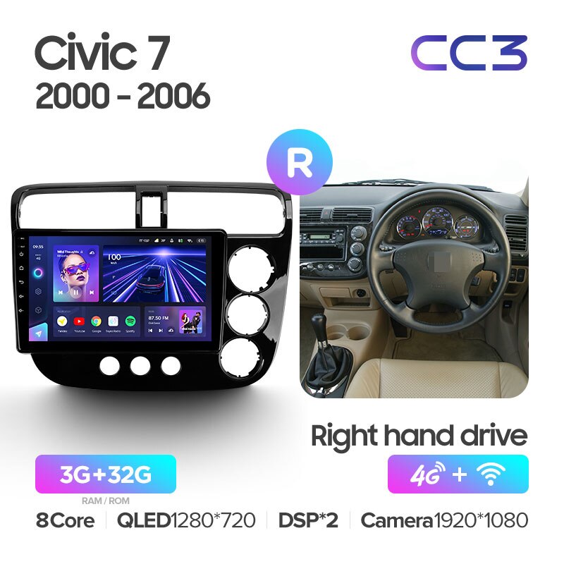 Штатная магнитола Teyes CC3 для Honda Civic 7 2000-2006 Right hand driver на Android 10