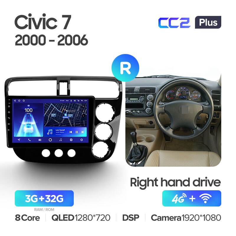 Штатная магнитола Teyes CC2PLUS для Honda Civic 7 2000-2006 Right hand driver на Android 10