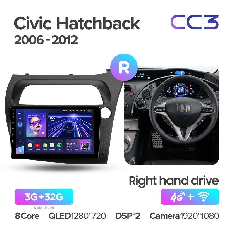 Штатная магнитола Teyes CC3 для Honda Civic Hatchback 2006-2012 Right hand driver на Android 10