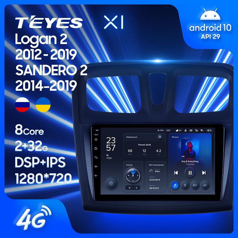 Штатная магнитола Teyes X1 для Renault Logan/Sandero 2 2014-2019 на Android 10