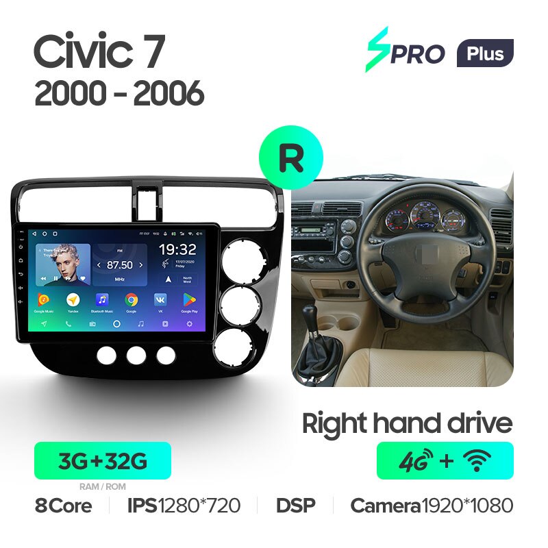 Штатная магнитола Teyes SPRO+ для Honda Civic 7 2000-2006 Right hand driver на Android 10