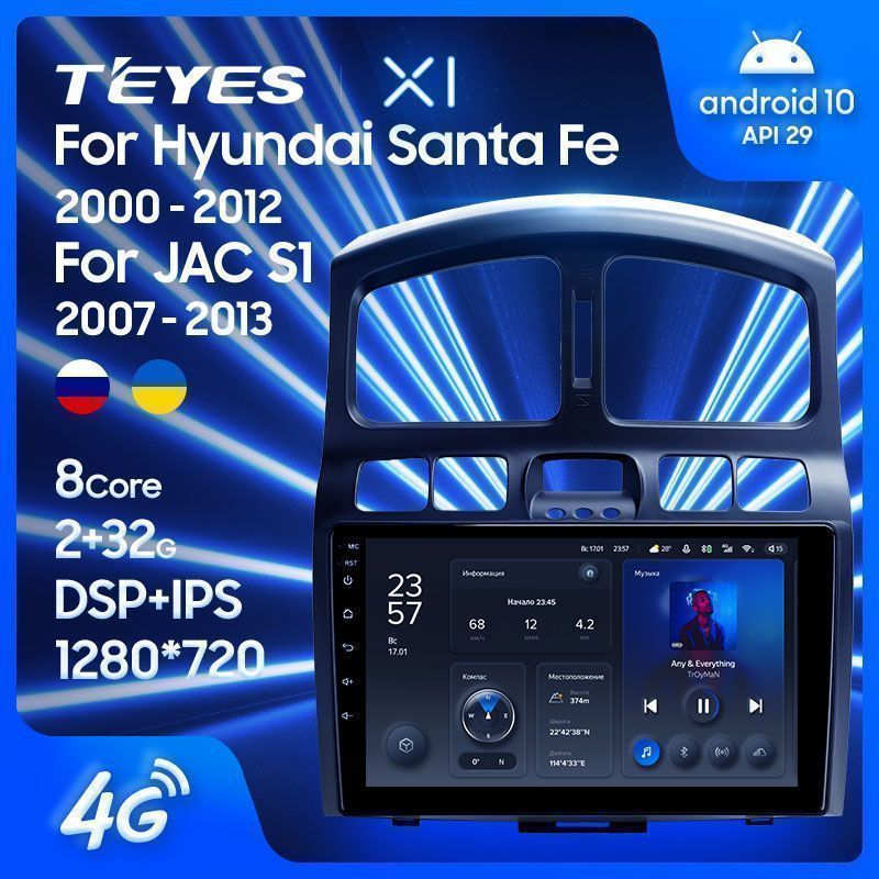 Штатная магнитола Teyes X1 для Hyundai Santa Fe SM 2000-2012 на Android 10