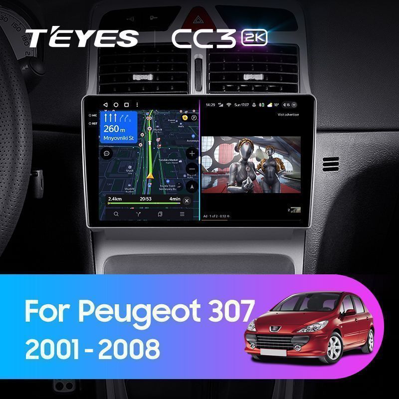 Штатная магнитола Teyes CC3 2K для Peugeot 307 1 2001-2008 на Android 10