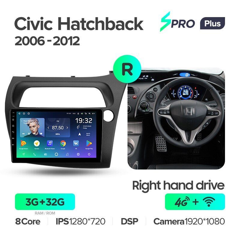 Штатная магнитола Teyes SPRO+ для Honda Civic Hatchback 2006-2012 Right hand driver на Android 10